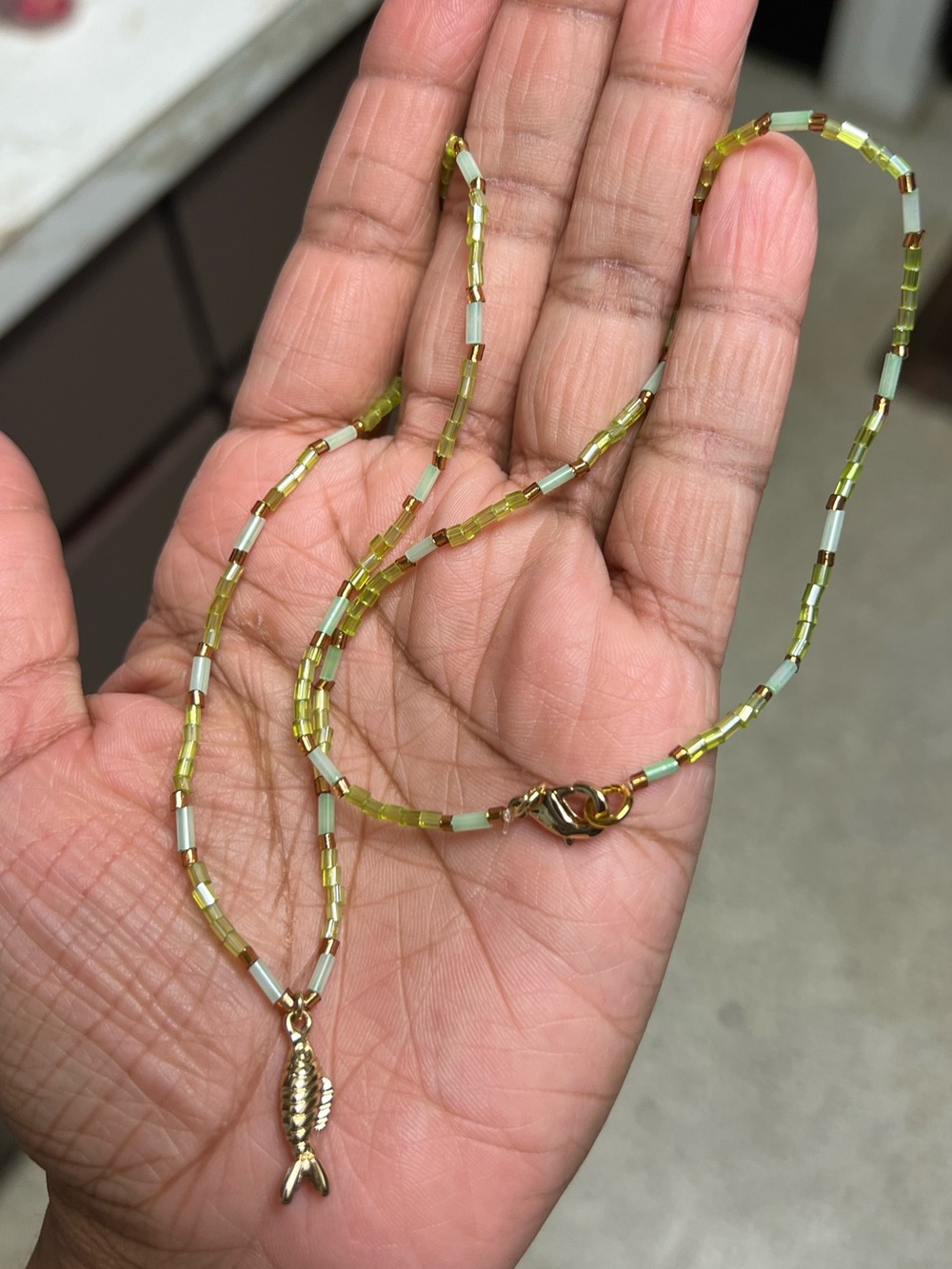 Gold and Pale Green Beaded Fish Pendant Necklace and bee necklace bundle